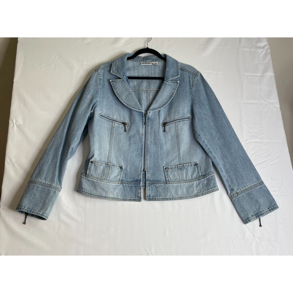 Newport News Womens 18 Jeanology Denim Jacket Light Blue Zip Up Y2K Boho Chic